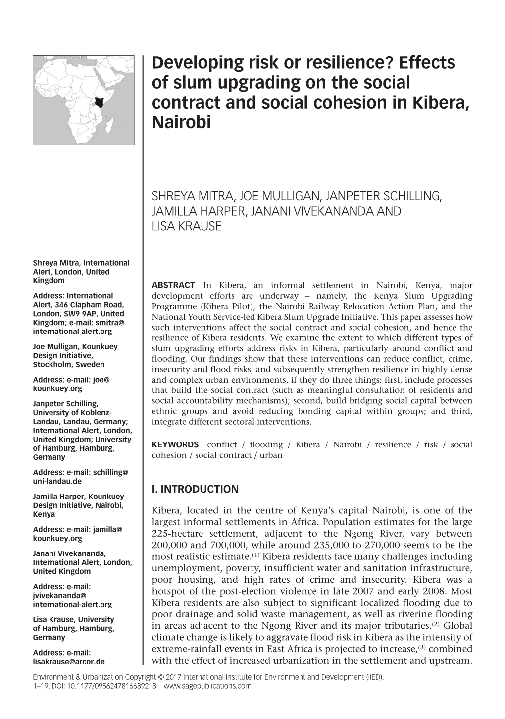 Effects of Slum Upgrading on the Social Contract and Social Cohesion in Kibera, Nairobi