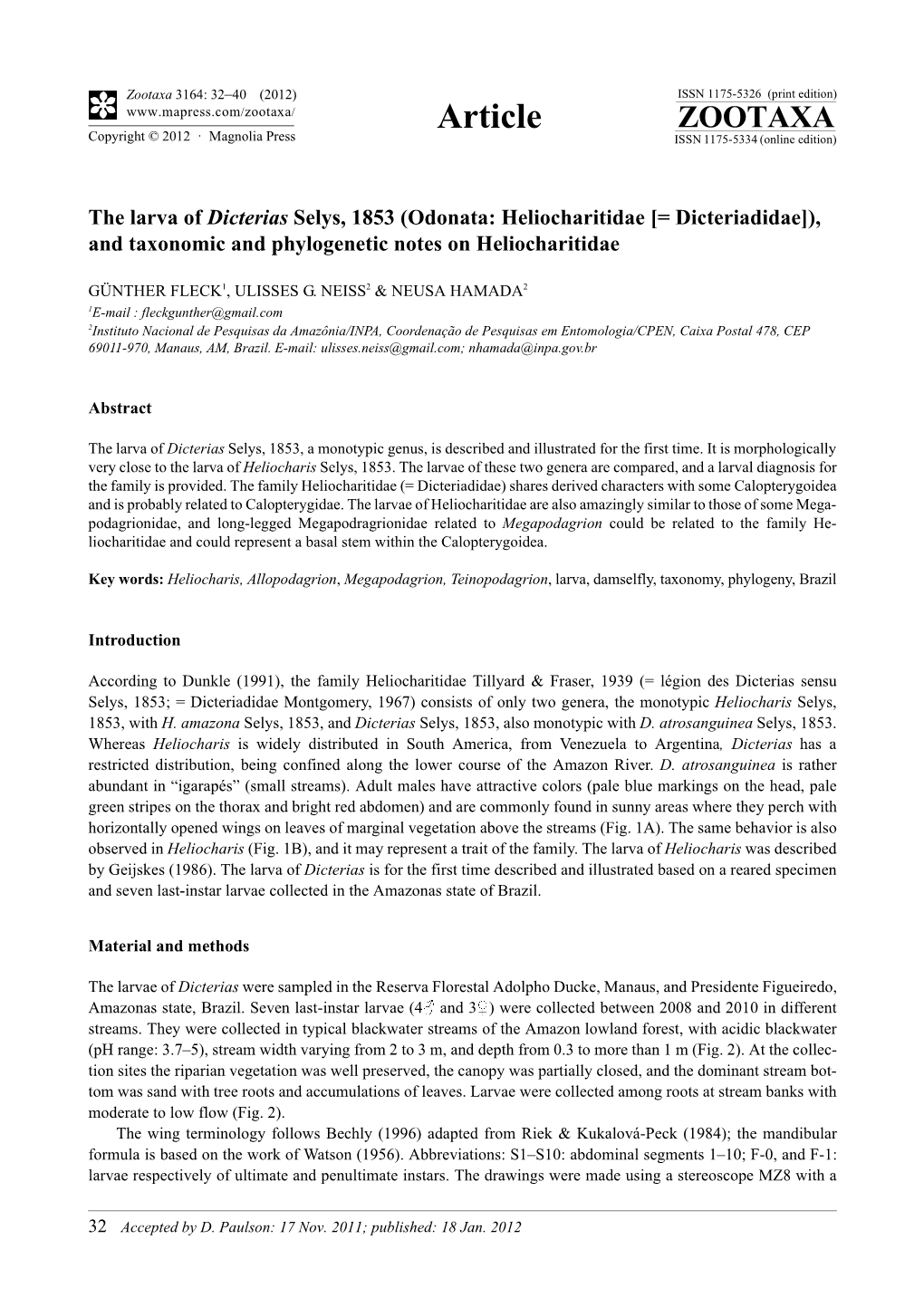 The Larva of Dicterias Selys, 1853 (Odonata: Heliocharitidae [= Dicteriadidae]), and Taxonomic and Phylogenetic Notes on Heliocharitidae