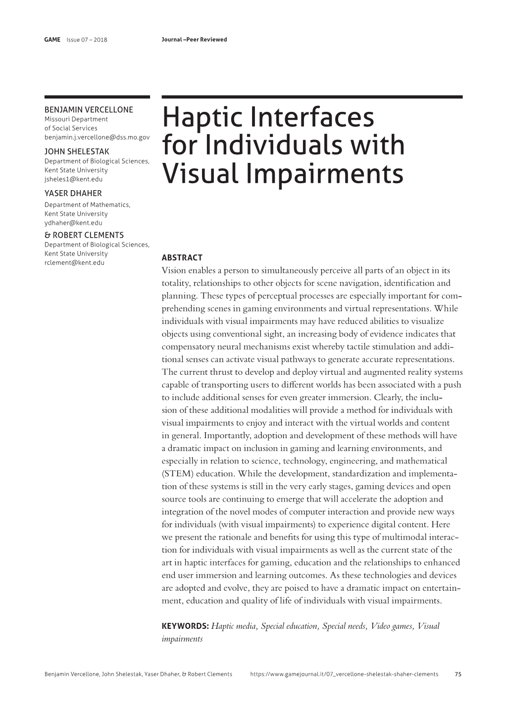 Haptic Interfaces for Individuals with Visual Impairments