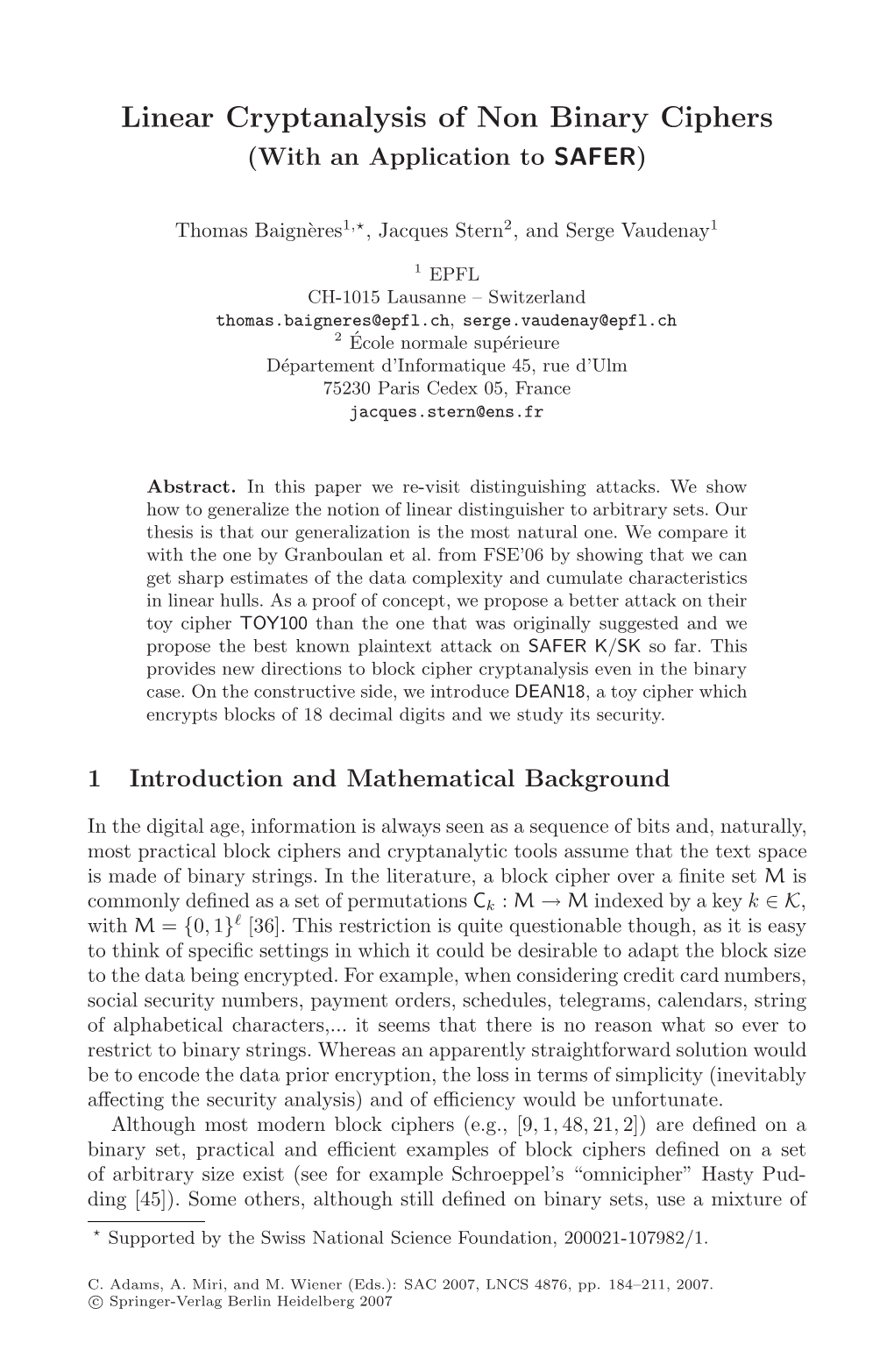 Linear Cryptanalysis of Non Binary Ciphers (With an Application to SAFER)