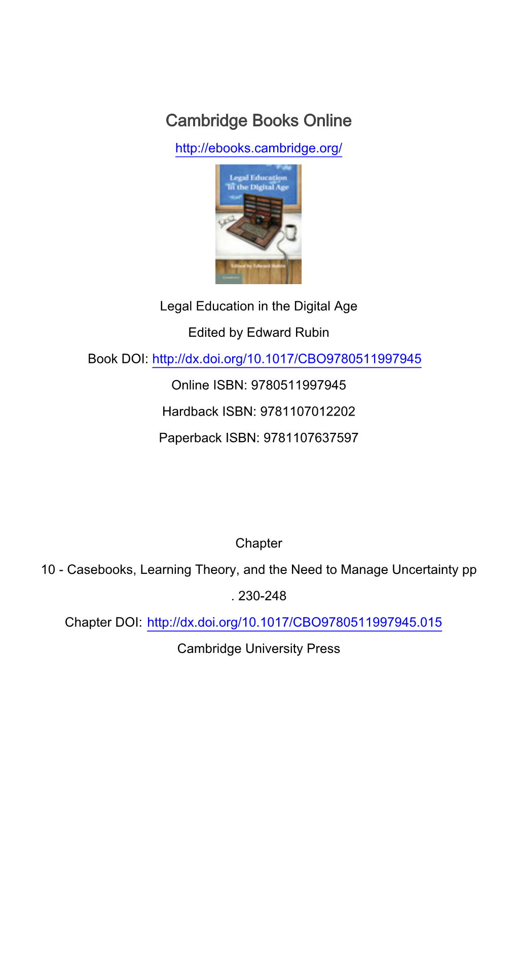 Casebooks, Learning Theory, and the Need to Manage Uncertainty Pp