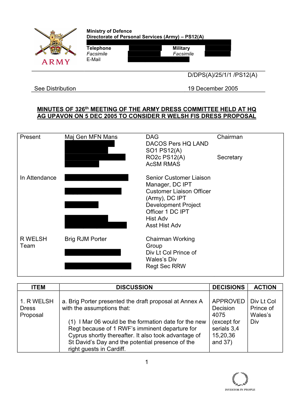 Army Dress Committee Meeting Minutes November to December 2005