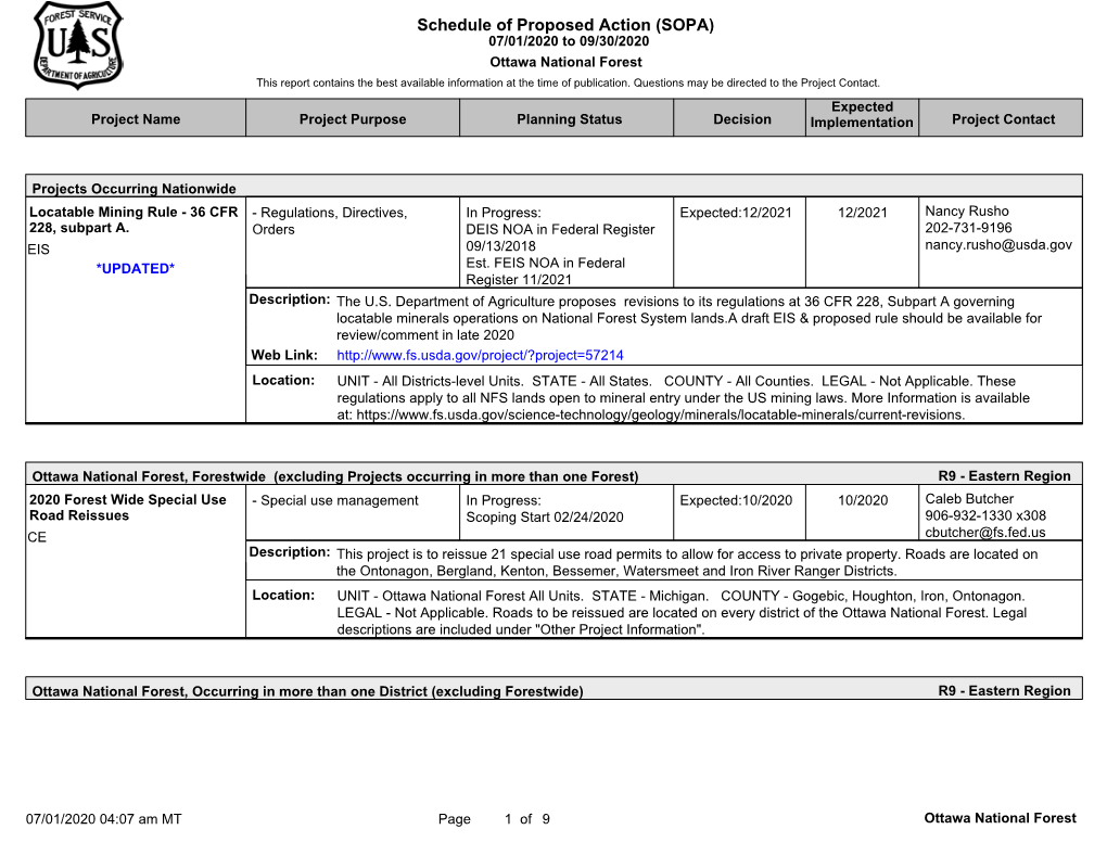 Schedule of Proposed Action (SOPA) 07/01/2020 to 09/30/2020 Ottawa National Forest This Report Contains the Best Available Information at the Time of Publication