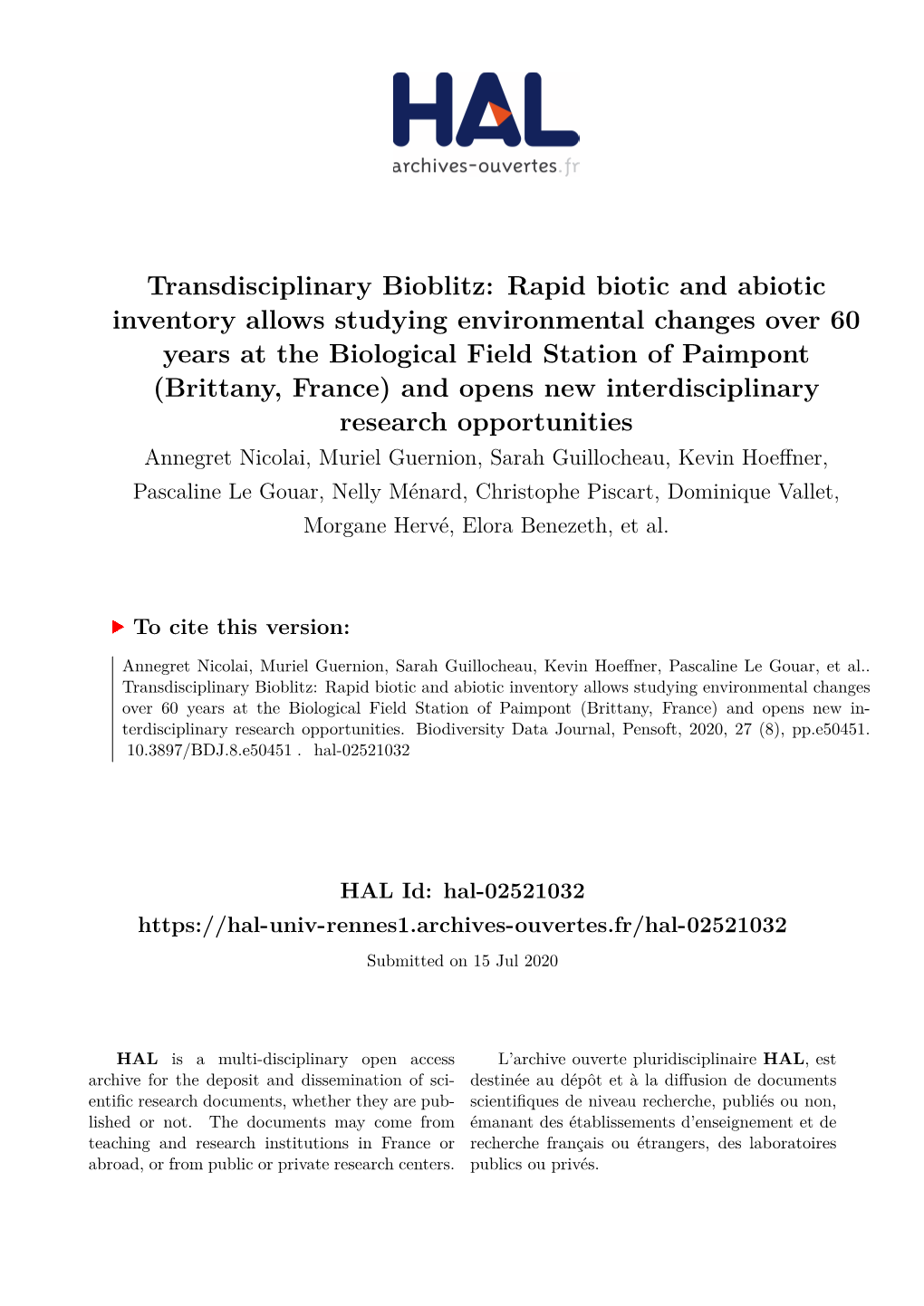 Transdisciplinary Bioblitz: Rapid Biotic and Abiotic