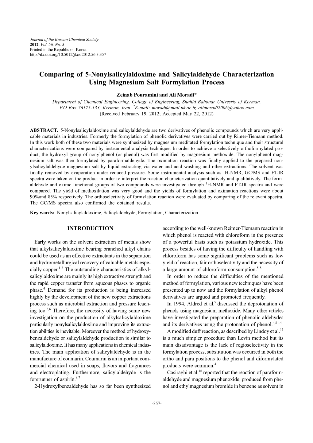 Comparing of 5-Nonylsalicylaldoxime and Salicylaldehyde Characterization Using Magnesium Salt Formylation Process