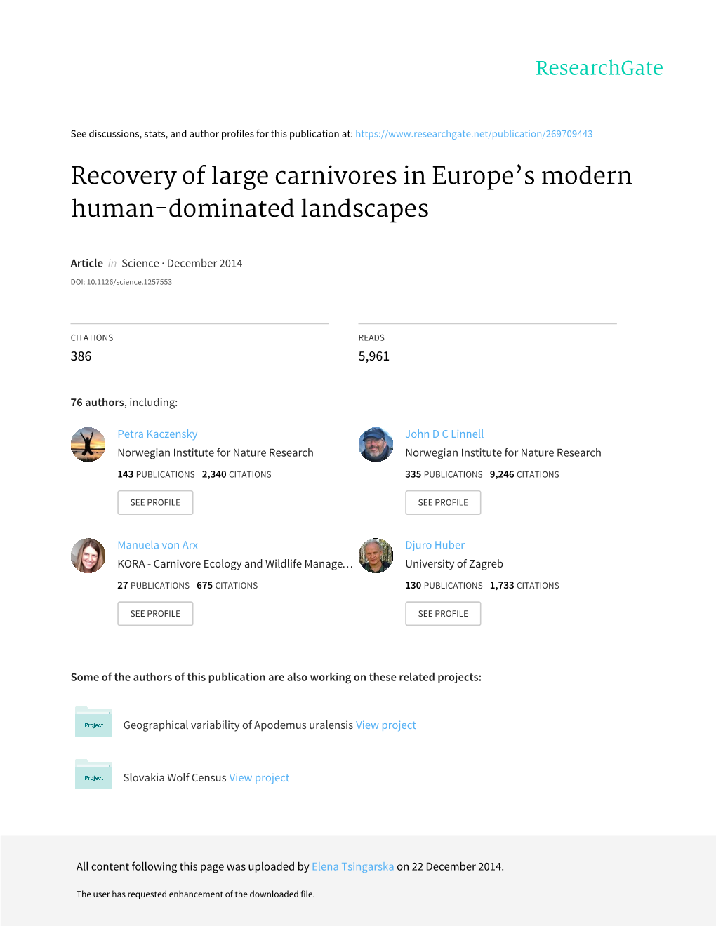 Recovery of Large Carnivores in Europe's Modern Human-Dominated Landscapes Guillaume Chapron Et Al