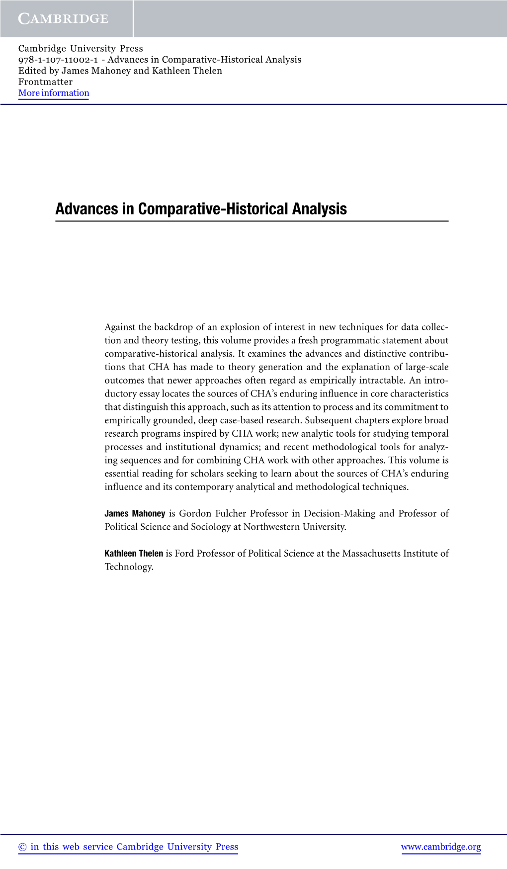 Advances in Comparative-Historical Analysis Edited by James Mahoney and Kathleen Thelen Frontmatter More Information