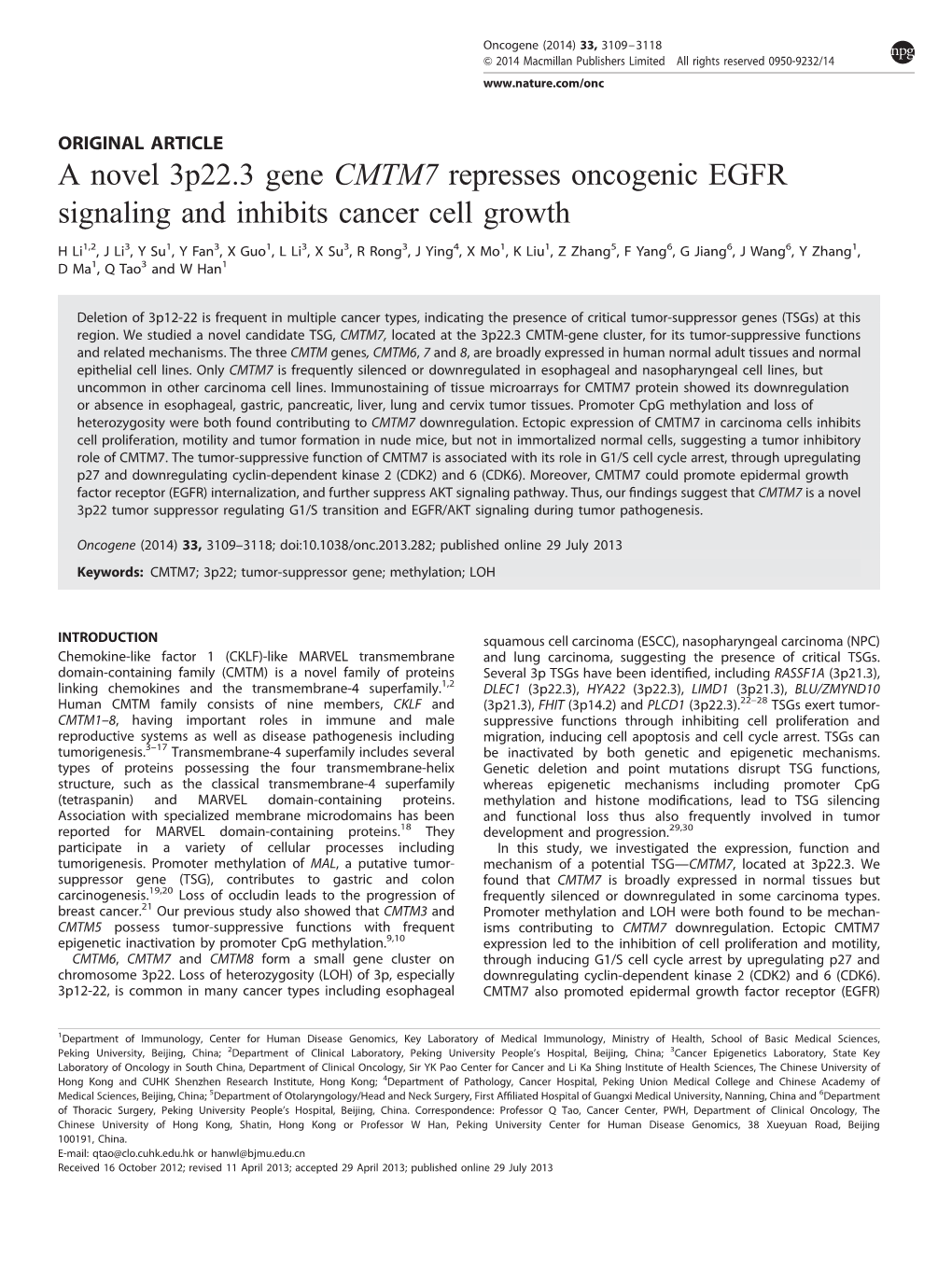 A Novel 3P22.3 Gene CMTM7 Represses Oncogenic EGFR Signaling and Inhibits Cancer Cell Growth