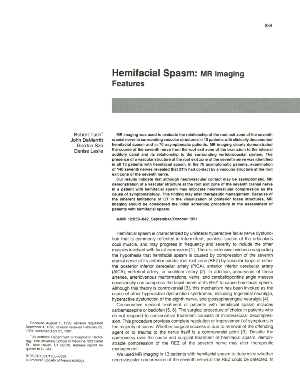 Hemifacial Spasm: MR Imaging Features