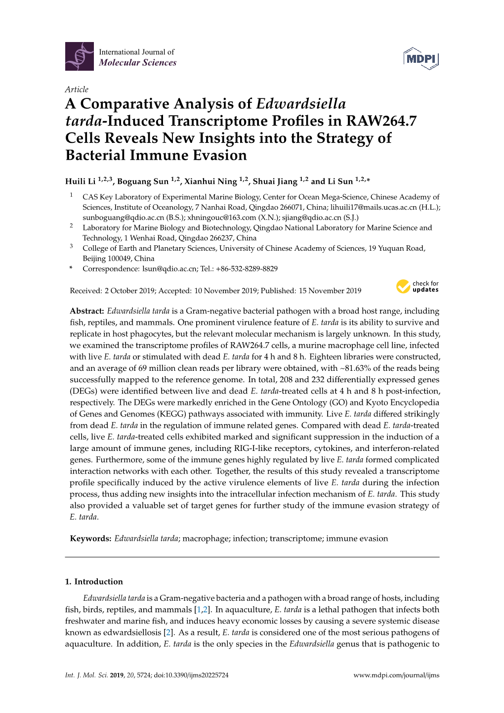 A Comparative Analysis of Edwardsiella Tarda-Induced Transcriptome Proﬁles in RAW264.7 Cells Reveals New Insights Into the Strategy of Bacterial Immune Evasion