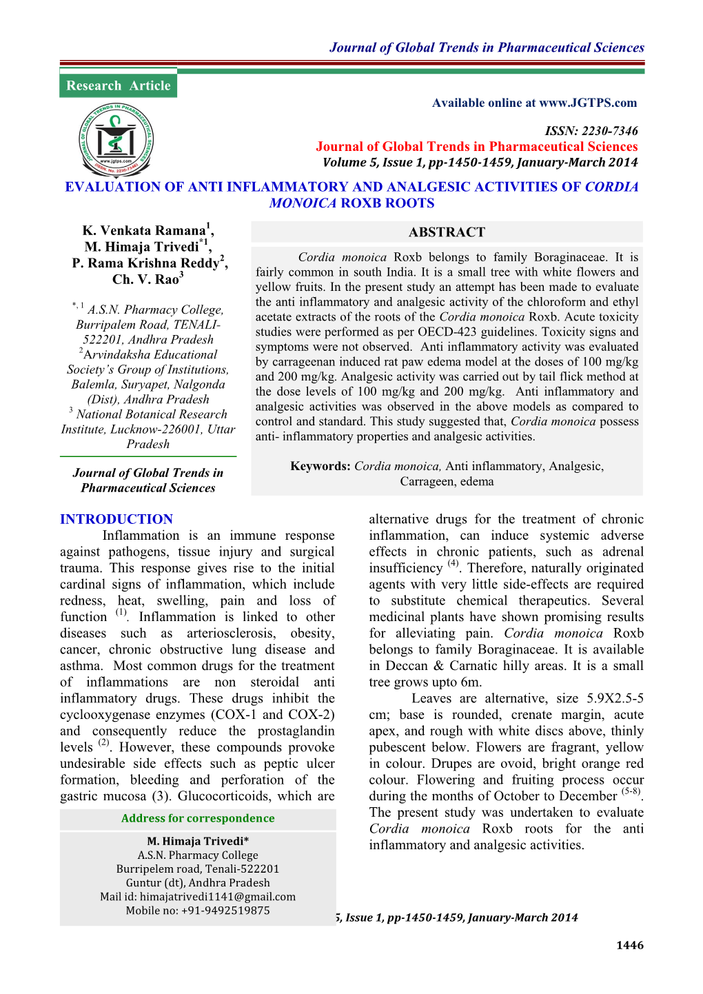 Evaluation of Anti Inflammatory and Analgesic Activities of Cordia Monoica Roxb Roots