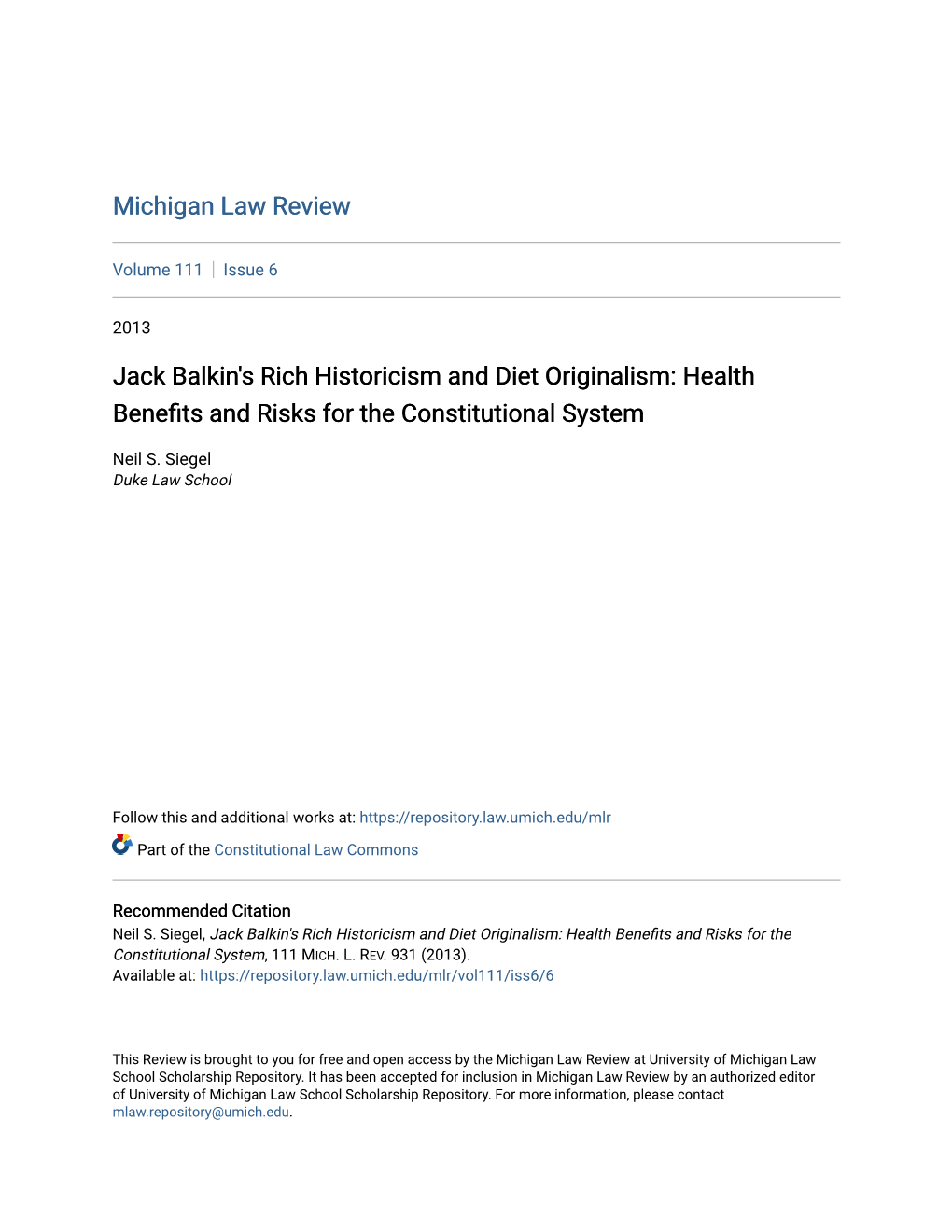 Jack Balkin's Rich Historicism and Diet Originalism: Health Benefits and Risks for the Constitutional System