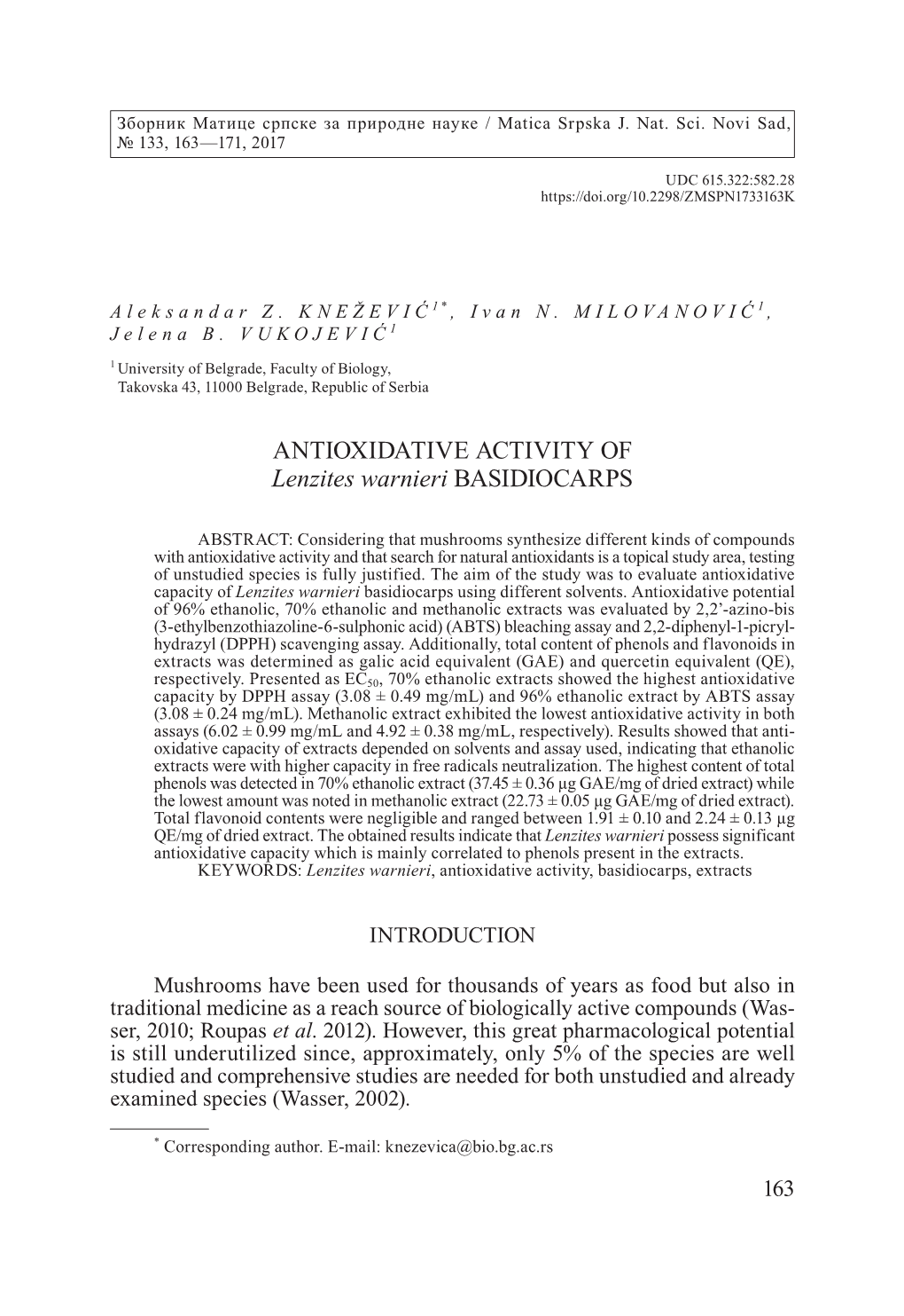 ANTIOXIDATIVE ACTIVITY of Lenzites Warnieri BASIDIOCARPS