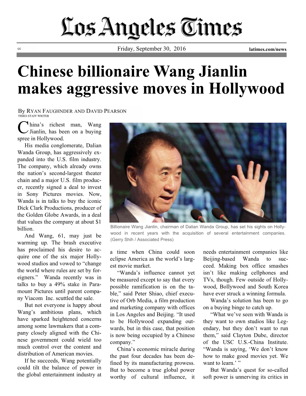 Chinese Billionaire Wang Jianlin Makes Aggressive Moves in Hollywood