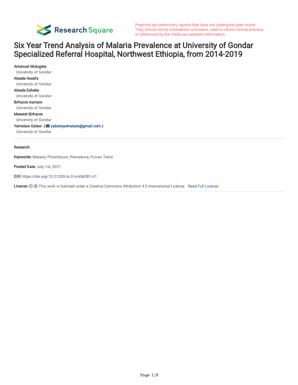 Six Year Trend Analysis of Malaria Prevalence at University of Gondar Specialized Referral Hospital, Northwest Ethiopia, from 2014-2019