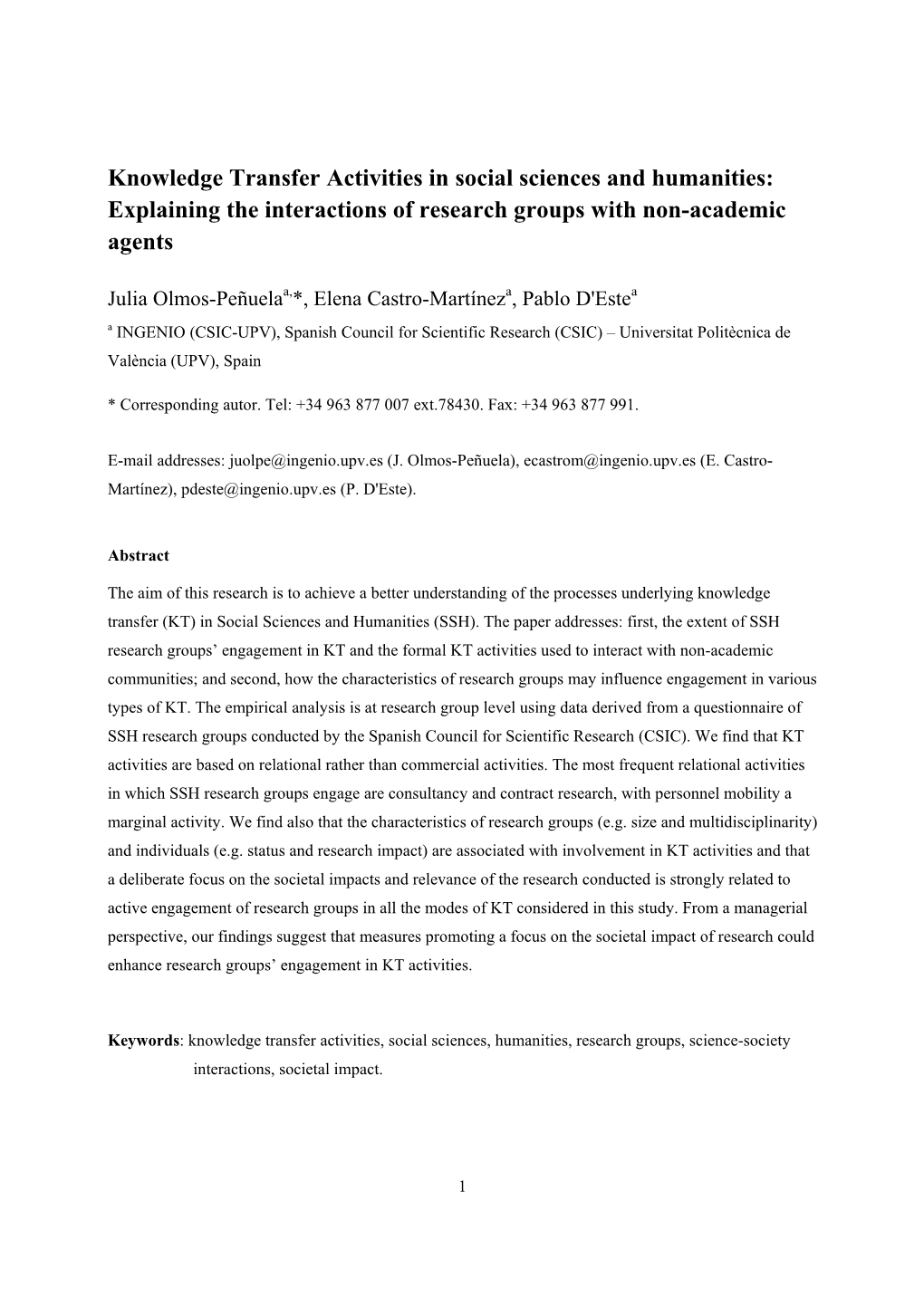 Knowledge Transfer Activities in Social Sciences and Humanities: Explaining the Interactions of Research Groups with Non-Academic Agents