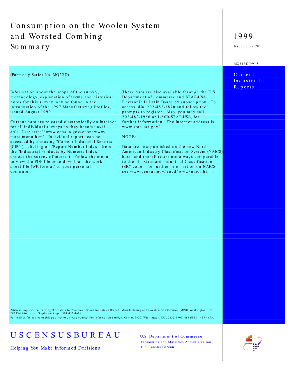 Consumption on the Woolen System and Worsted Combing 1999 Summary Issued June 2000