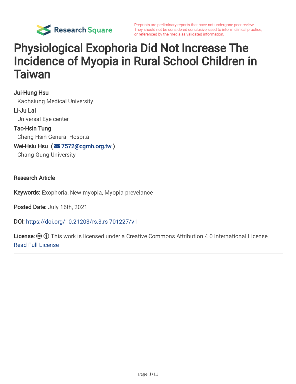 Physiological Exophoria Did Not Increase the Incidence of Myopia in Rural School Children in Taiwan
