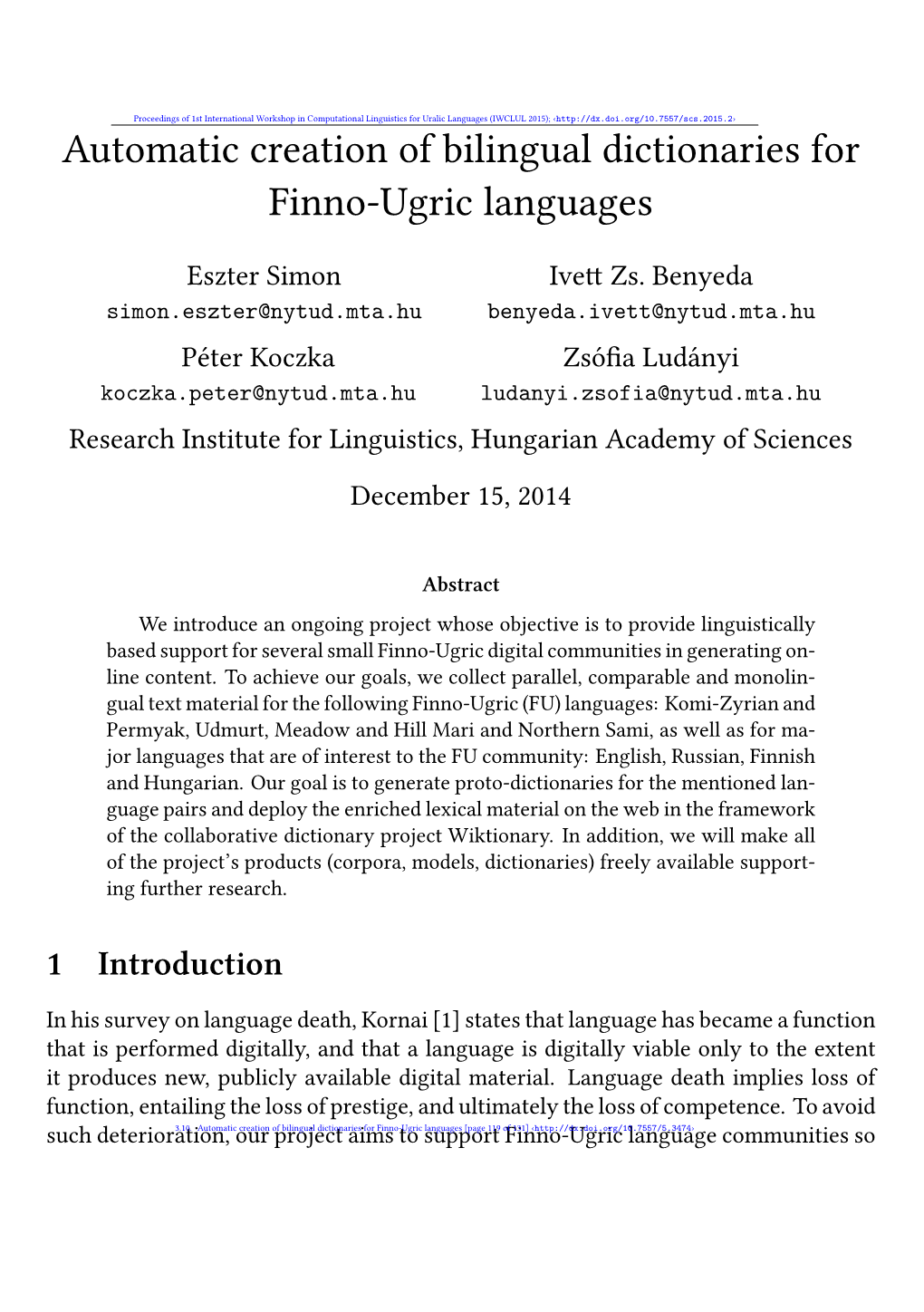 Automatic Creation of Bilingual Dictionaries for Finno-Ugric Languages