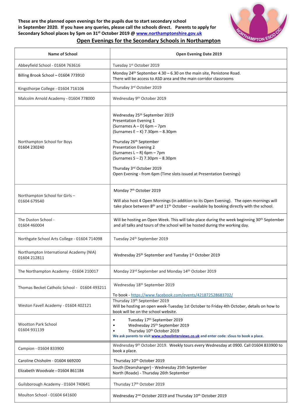 Open Evenings for the Secondary Schools in Northampton