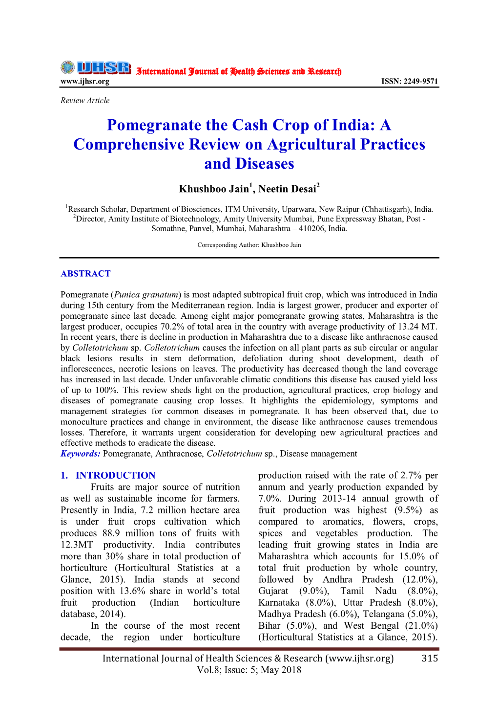 Pomegranate the Cash Crop of India: a Comprehensive Review on Agricultural Practices and Diseases