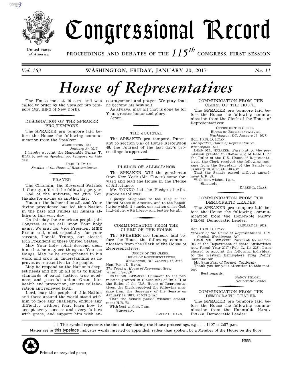 Congressional Record United States Th of America PROCEEDINGS and DEBATES of the 115 CONGRESS, FIRST SESSION