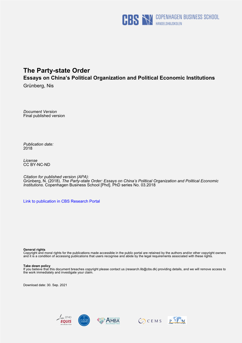 The Party-State Order Essays on China’S Political Organization and Political Economic Institutions Grünberg, Nis