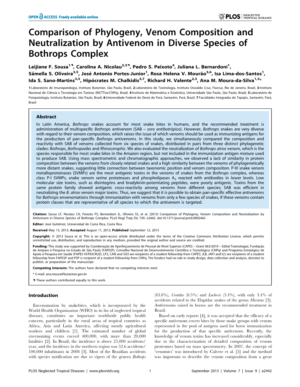Comparison of Phylogeny, Venom Composition and Neutralization by Antivenom in Diverse Species of Bothrops Complex
