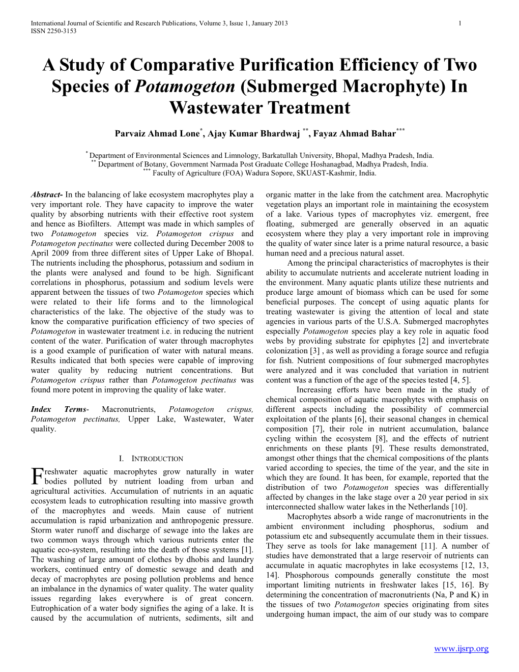 A Study of Comparative Purification Efficiency of Two Species of Potamogeton (Submerged Macrophyte) in Wastewater Treatment