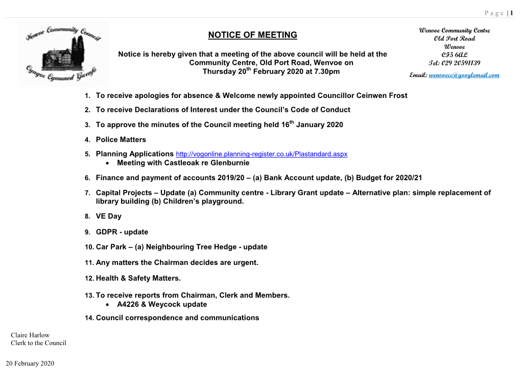 20-02-20 Council Meeting Agenda