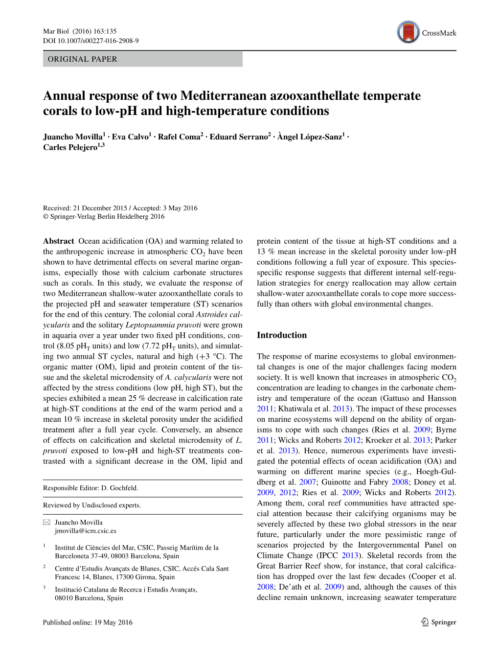 Annual Response of Two Mediterranean Azooxanthellate Temperate Corals to Low‑Ph and High‑Temperature Conditions