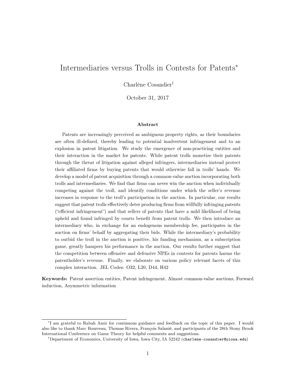 Intermediaries Versus Trolls in Contests for Patents∗