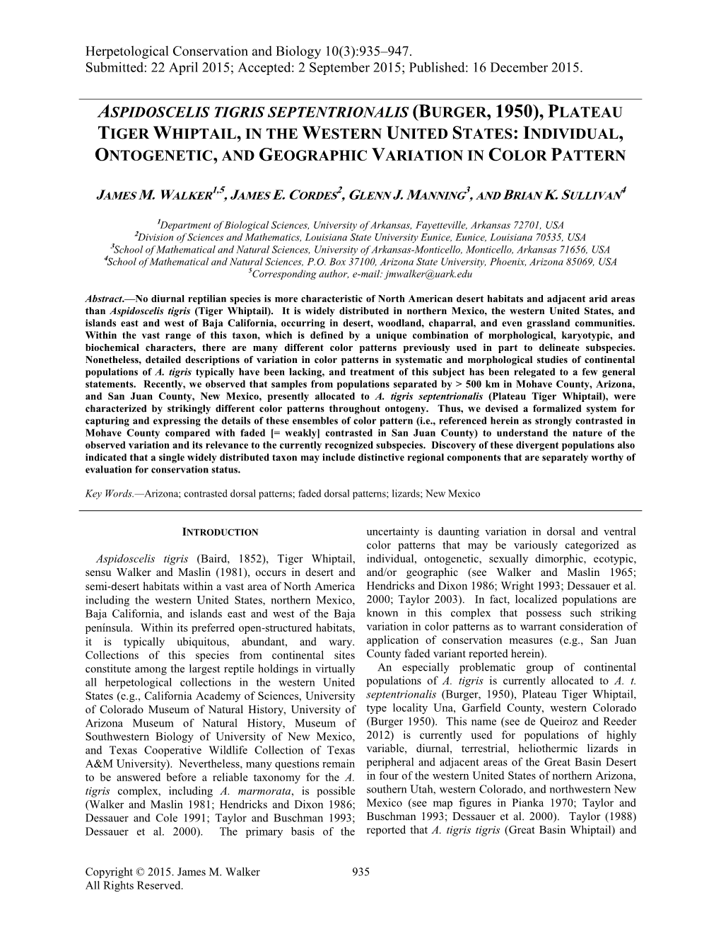 (Burger, 1950), Plateau Tiger Whiptail, in the Western United States: Individual, Ontogenetic, and Geographic Variation in Color Pattern