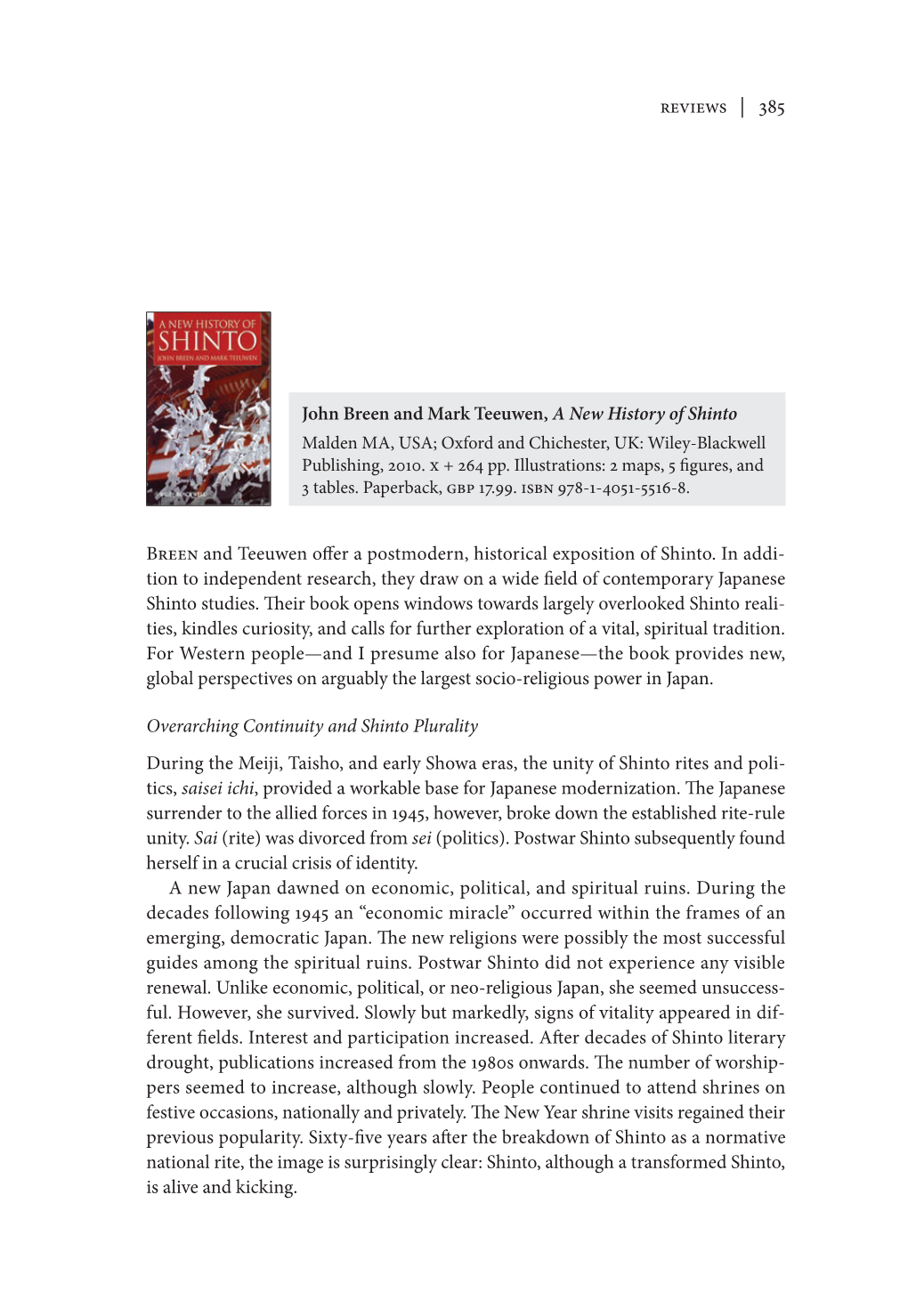 Reviews | 385 John Breen and Mark Teeuwen, a New History of Shinto