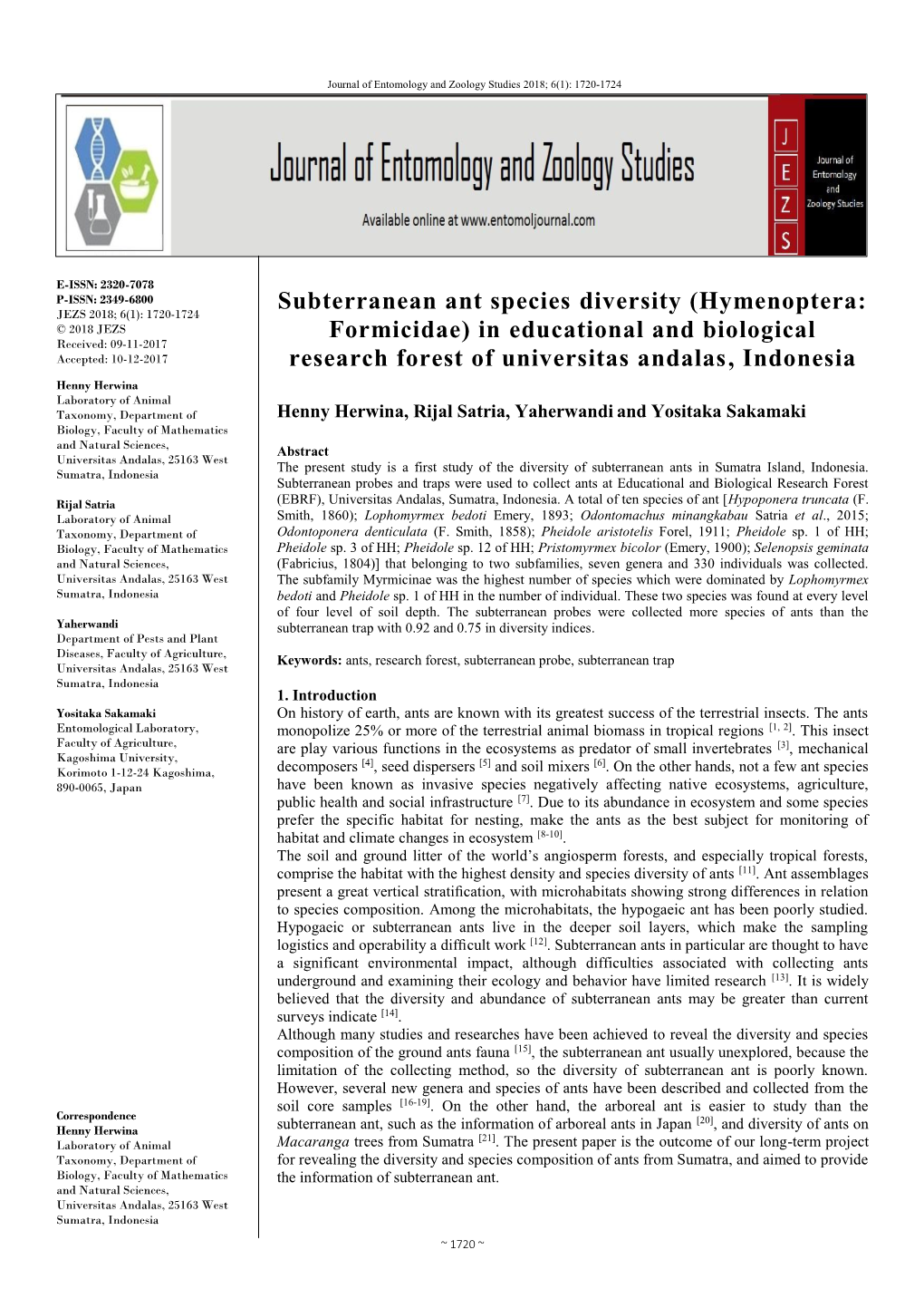 Subterranean Ant Species Diversity (Hymenoptera: Formicidae)