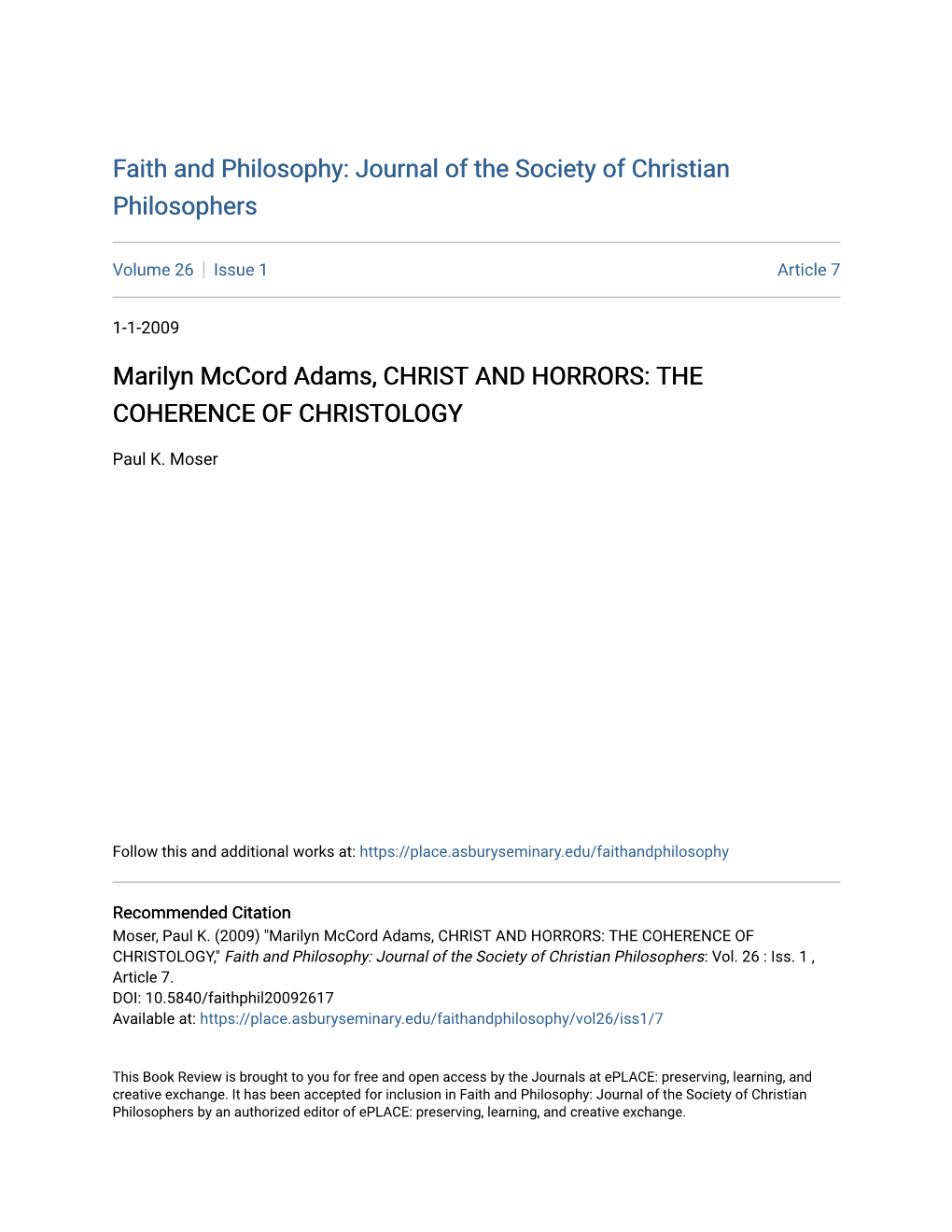 Marilyn Mccord Adams, CHRIST and HORRORS: the COHERENCE of CHRISTOLOGY