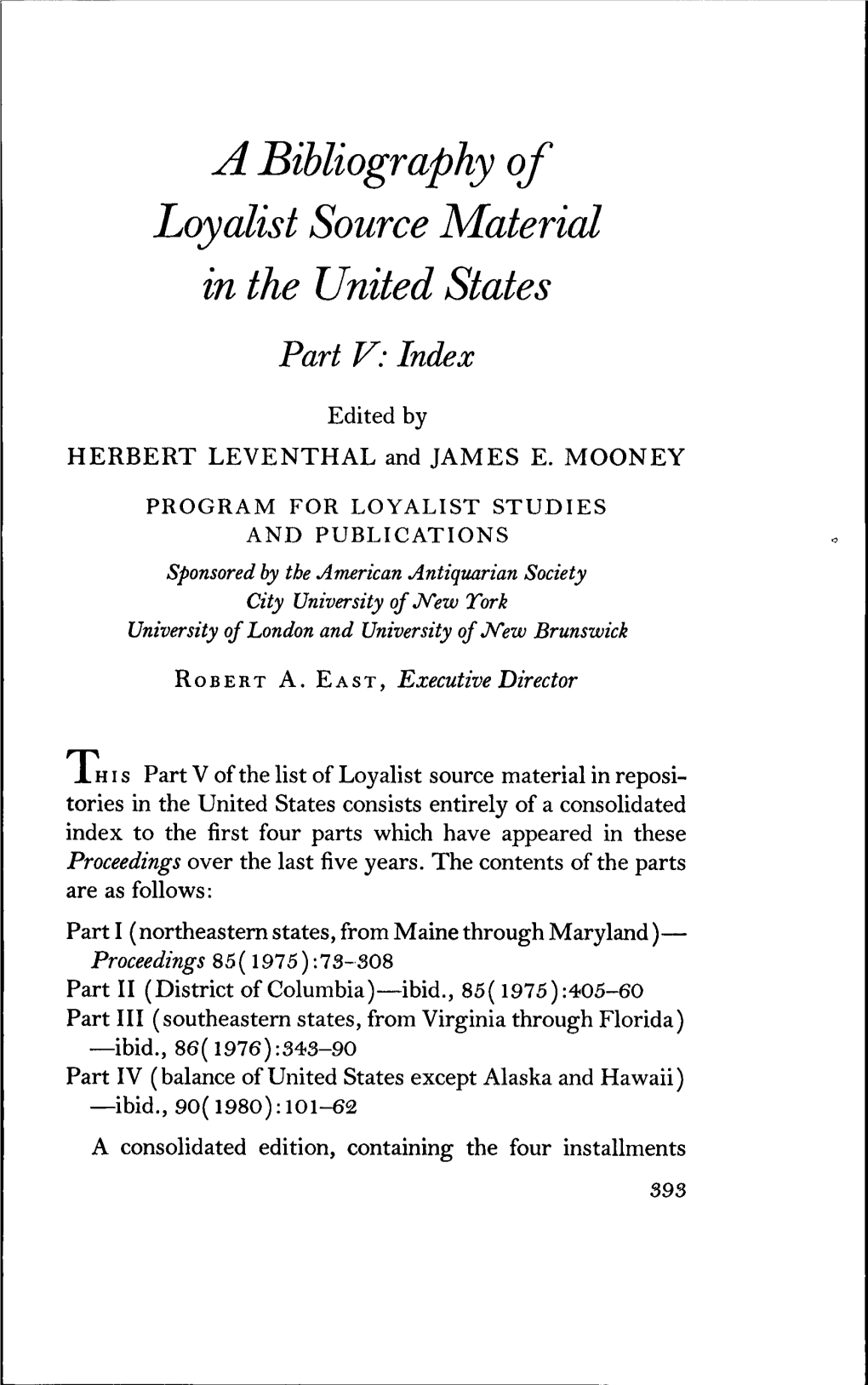 A Bibliography of Loyalist Source Material in the United States Part V: Index