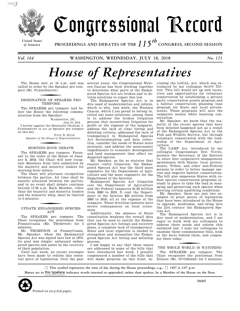 Congressional Record United States Th of America PROCEEDINGS and DEBATES of the 115 CONGRESS, SECOND SESSION