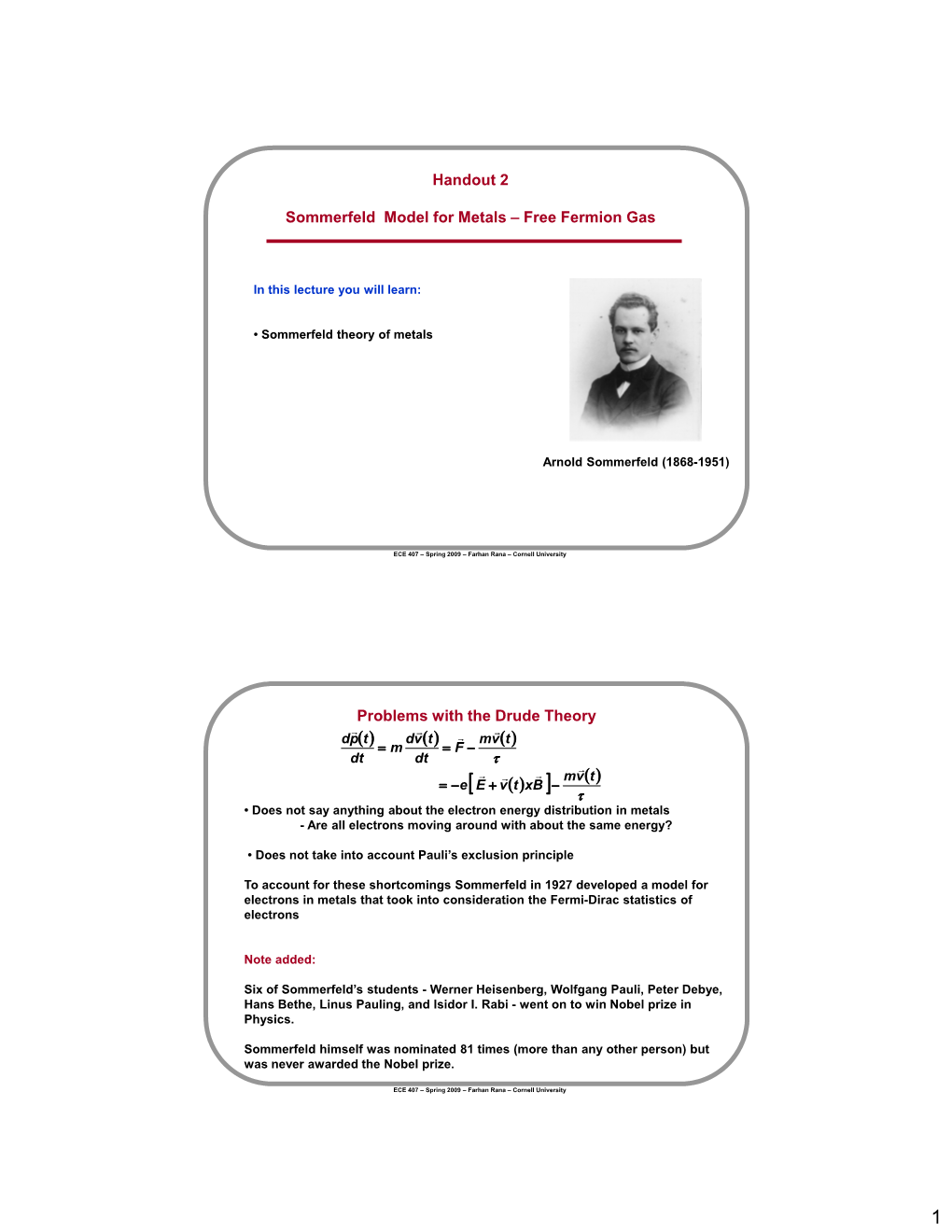 Handout 2 Sommerfeld Model for Metals – Free Fermion Gas