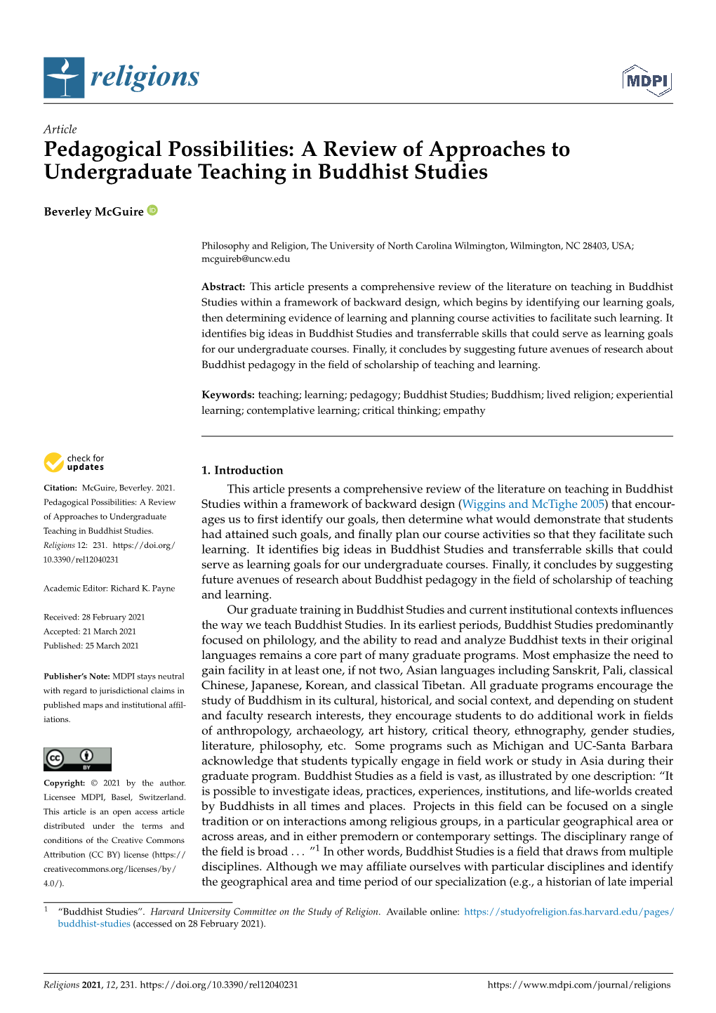 Pedagogical Possibilities: a Review of Approaches to Undergraduate Teaching in Buddhist Studies