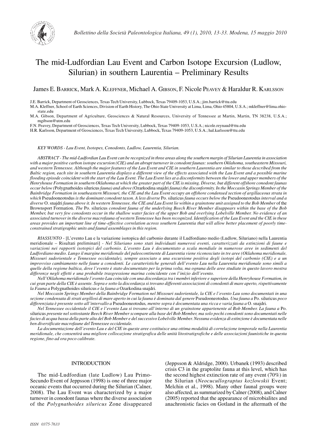 Ludlow, Silurian) in Southern Laurentia – Preliminary Results