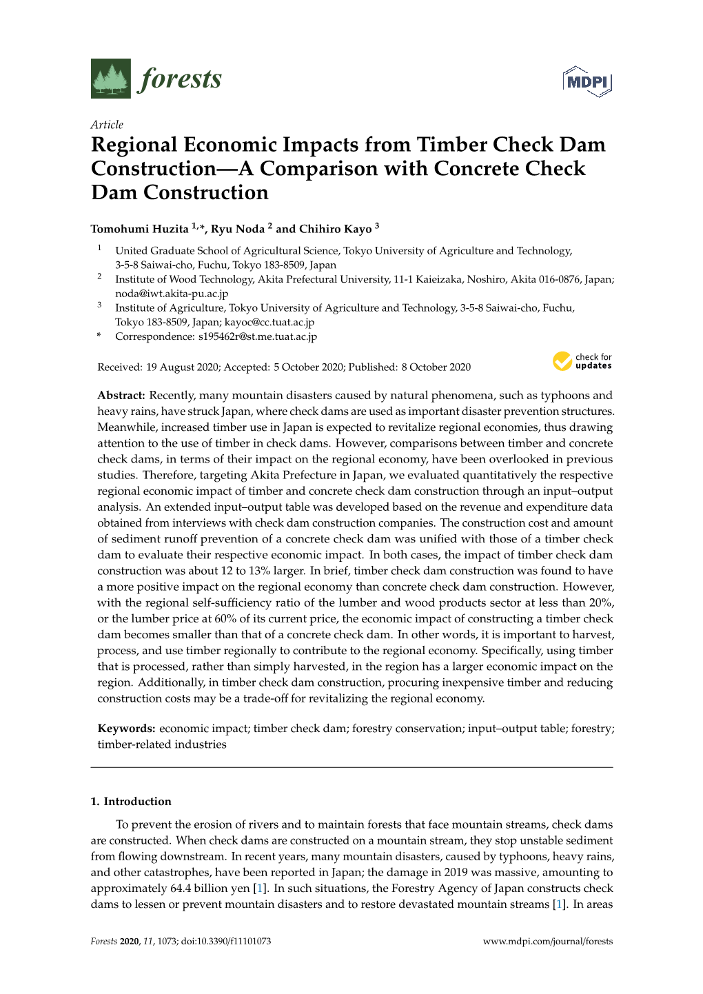 Regional Economic Impacts from Timber Check Dam Construction—A Comparison with Concrete Check Dam Construction