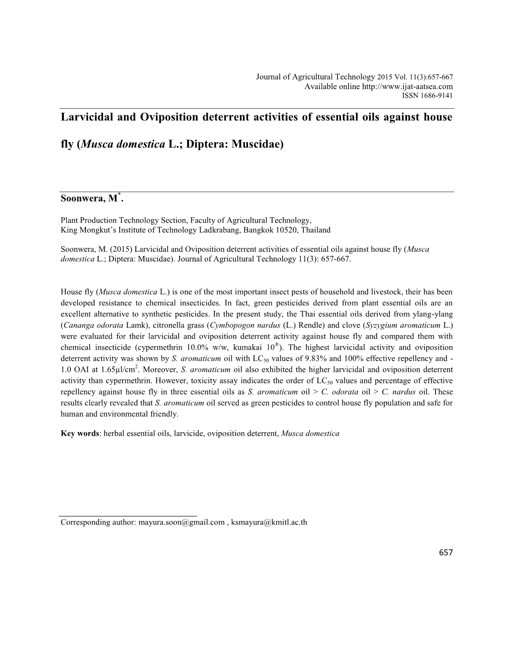 Larvicidal and Oviposition Deterrent Activities of Essential Oils Against House Fly (Musca Domestica L.; Diptera: Muscidae)