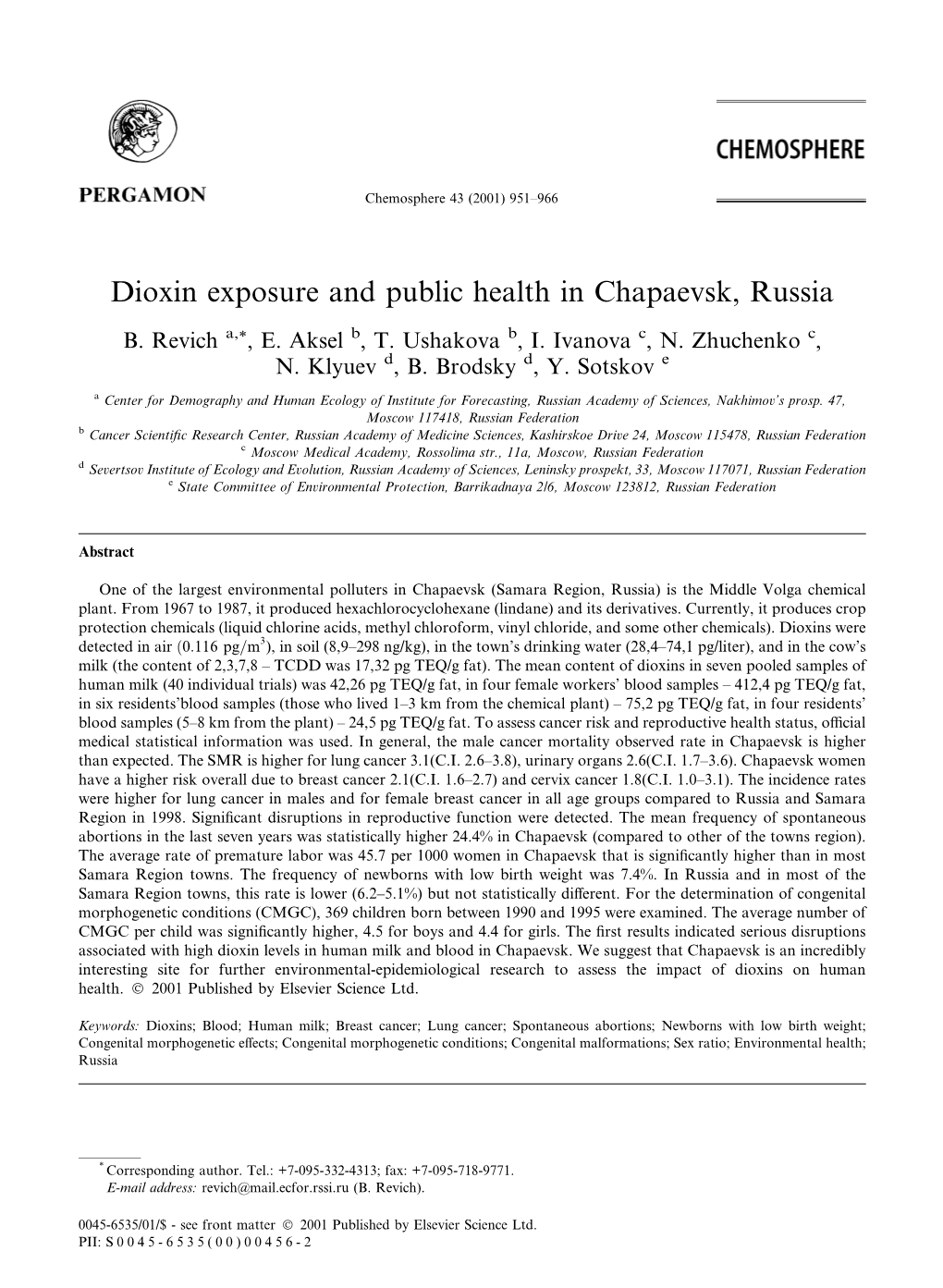 Dioxin Exposure and Public Health in Chapaevsk, Russia