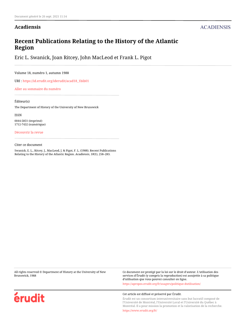 Recent Publications Relating to the History of the Atlantic Region Eric L