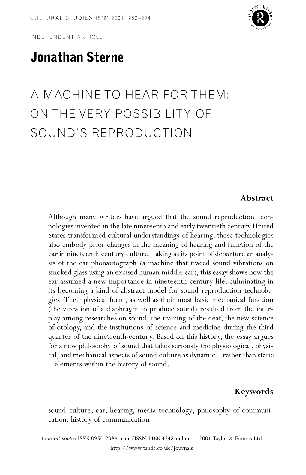 A Machine to Hear for Them: on the Very Possibility of Sound’S Reproduction