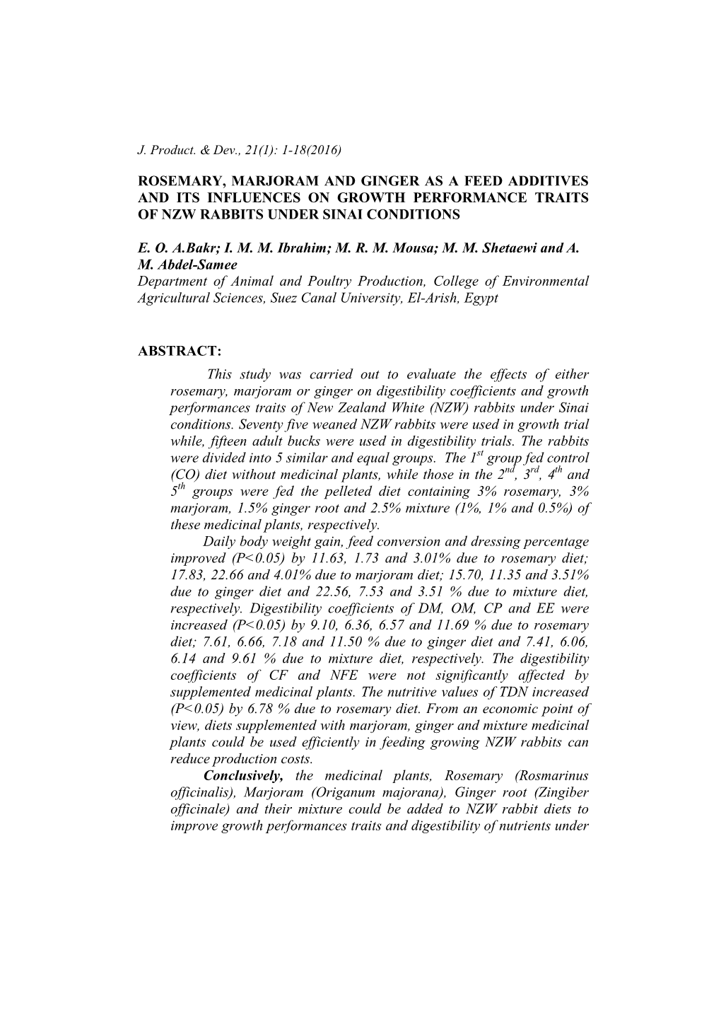 Rosemary, Marjoram and Ginger As a Feed Additives and Its Influences on Growth Performance Traits of Nzw Rabbits Under Sinai Conditions