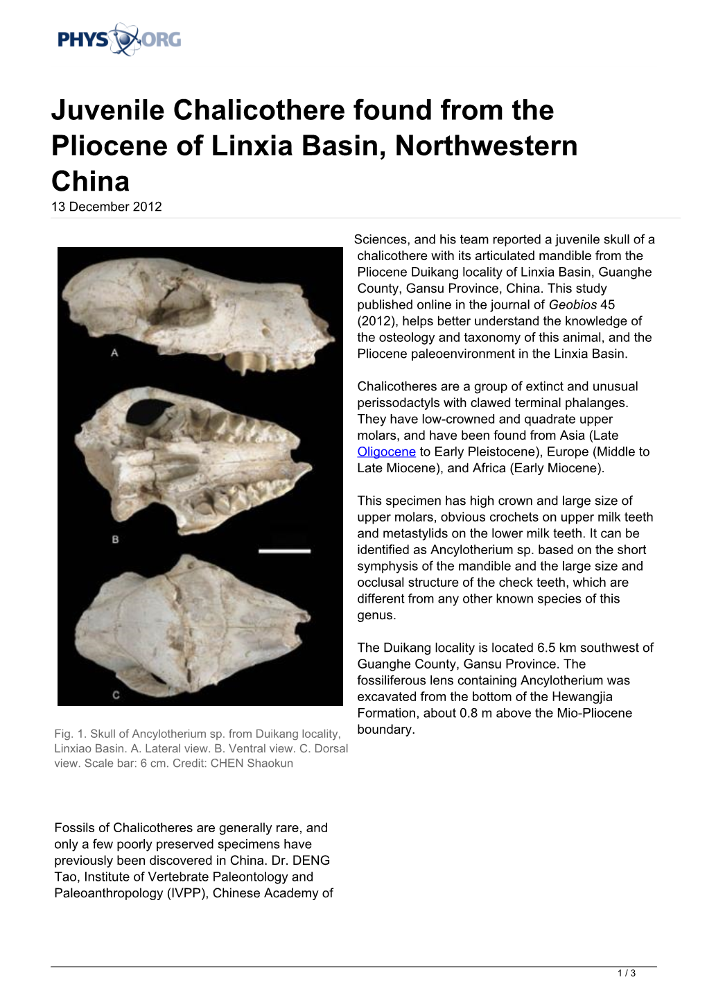 Juvenile Chalicothere Found from the Pliocene of Linxia Basin, Northwestern China 13 December 2012