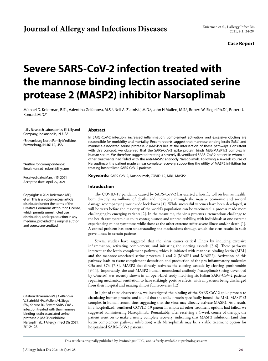 Severe SARS-Cov-2 Infection Treated with the Mannose Binding Lectin Associated Serine Protease 2 (MASP2) Inhibitor Narsoplimab