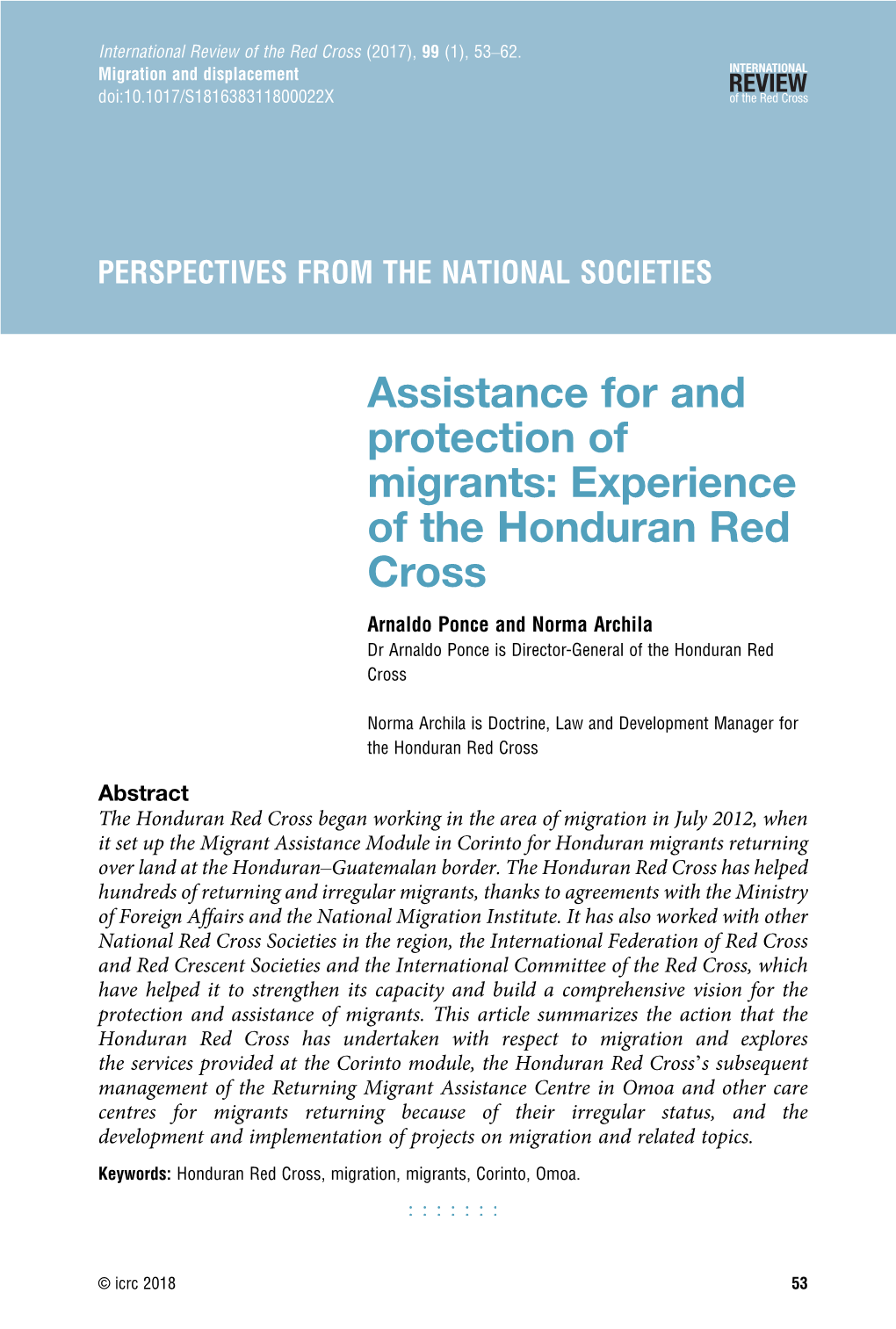 Assistance for and Protection of Migrants: Experience of the Honduran Red Cross